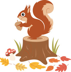 Cartoon squirrel holding acorn on tree stump, surrounded by autumn leaves, mushroom, grass, cute forest flat vector illustration design,
squirrel, cartoon, acorn, 