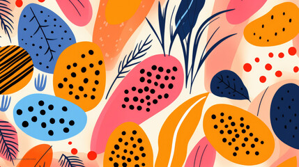 Retro Floral Geometric Background with Bold Orange, Red, and Black Patterns