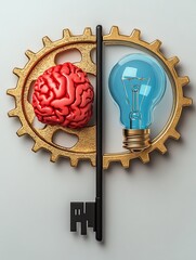 Conceptual illustration on white background gold gear divided with pastel red brain on the left side and pastel blue bulb on the right side