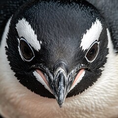 Penguin eyes staring bold through soft snow high resolution picture