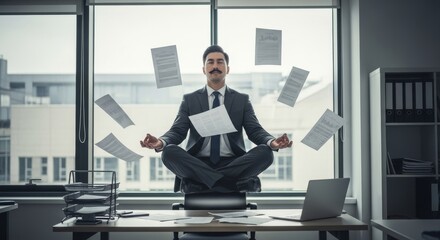 Businessman levitates cross-legged above his desk in a meditation pose while papers and folders float around, symbolizing calm focus amid office chaos