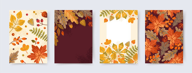 Autumn, Fall set of cute backgrounds with leaves, branches, berries and acorns. Vector hand drawn botanical illustration with texture for seasonal poster, greeting card, invitation with leaf pattern