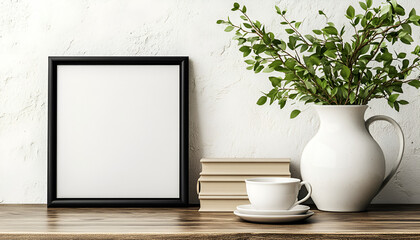 A blank black square frame mockup on a wooden shelf next to a vase with green branches, books, and a teacup.