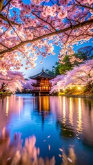 Cherry blossoms over tranquil pond, evening