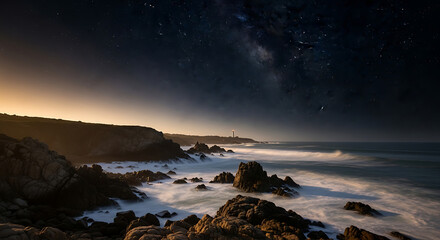 The brilliant Milky Way arches over a rugged coastline where misty waves crash against dark rocks.