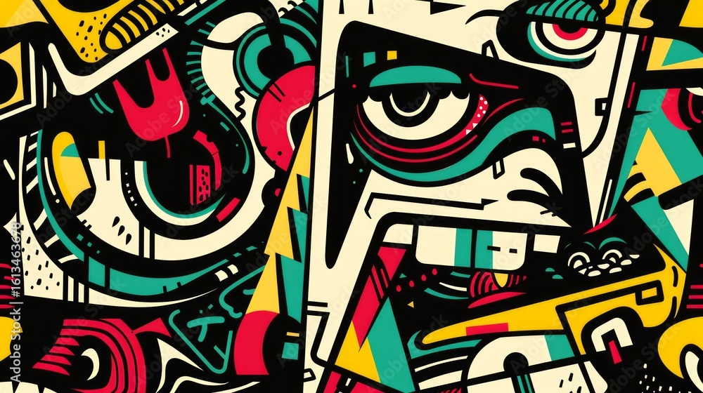 Poster the image showcases an abstract, psychedelic design with intricate patterns and bold shapes