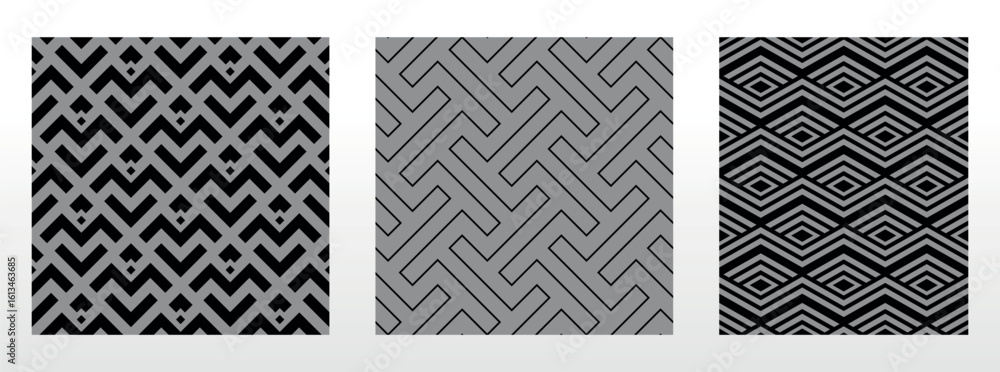 Poster geometric set of seamless black and gray patterns. simple vector graphics