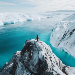 Penguin facing arctic water under calm sunny sky high resolution picture