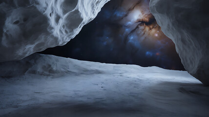 An ice cave entrance framing a breathtaking view of a vibrant galaxy filled with stars and cosmic nebulas, blending the cold reality of the cave with the infinite wonder of space.