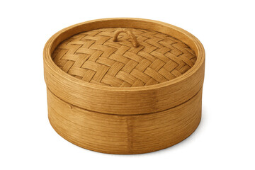 Bamboo steamer basket with lid, holding dumplings and vegetables, showcasing traditional asian cooking method on clean white backdrop