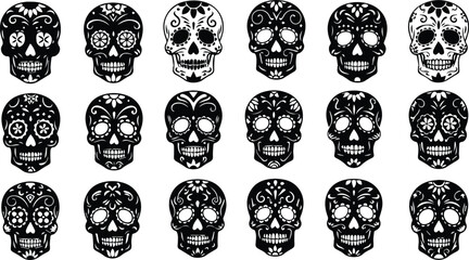 an intricate collection of sugar skull designs, showcasing ornate patterns and traditional day of the dead artistry