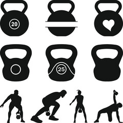 Collection of Kettlebell Icons in Black and White, Kettlebell Silhouettes and Fitness Exercises, Kettlebell monogram svg, Gym and Workout vector illustration