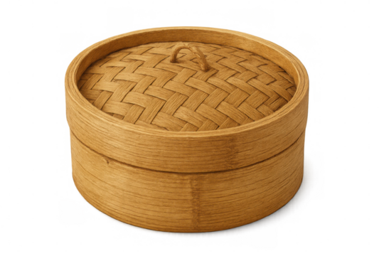 Bamboo steamer basket with lid, holding dumplings and vegetables, showcasing traditional asian cooking method on clean white backdrop - Powered by Adobe