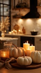 Cozy Halloween kitchen, candles and pumpkins, modern appliances
