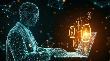 A digital representation of a healthcare professional interacting with a laptop surrounded by glowing health-related icons and data visualizations symbolizing the integration of technology in medicine - Powered by Adobe