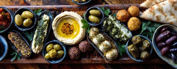 Mediterranean platter with assorted dips, olives, and appetizers