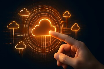 Finger touching glowing orange cloud icon in futuristic digital network