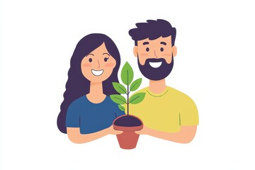 Happy Couple Holding Potted Plant Together with Smiles and Joy