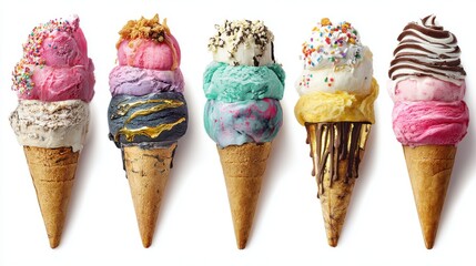 Elegant photo of five Colorful Ice Cream Cones with Various Flavors and Decorative Toppings on White Background.