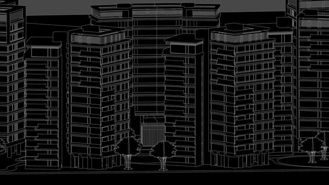 Animation of a Generic Apartment Building Complex, Seamless Looped Animation, linework, black