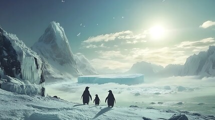 Penguin family walking together on snowy path high resolution picture