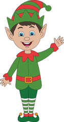 Smiling cartoon Christmas elf boy waving hand, wearing green and red costume, striped socks, festive hat, holiday flat vector illustration