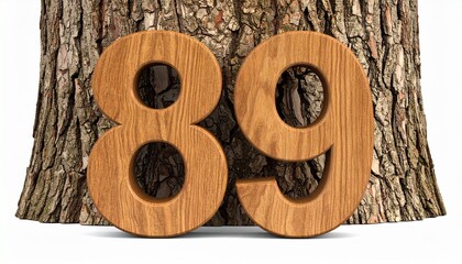 Close-up of the wooden number eighty-nine resting on a rustic timber plank background with a visible grain texture.
