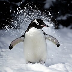 Penguin flapping wings while snow bursts around body high resolution picture