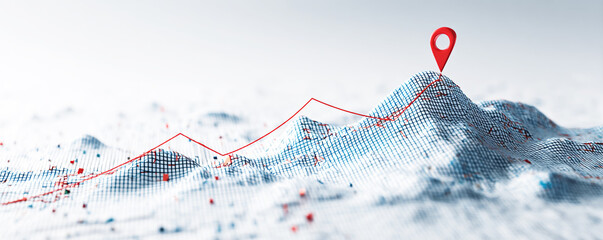 A graph with an upward trend on a white background, a red line going up in a blue mesh style,