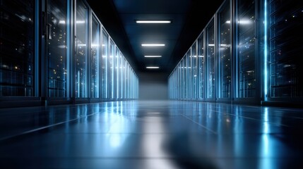 Inside of Data Center with modern server racks and blue light
