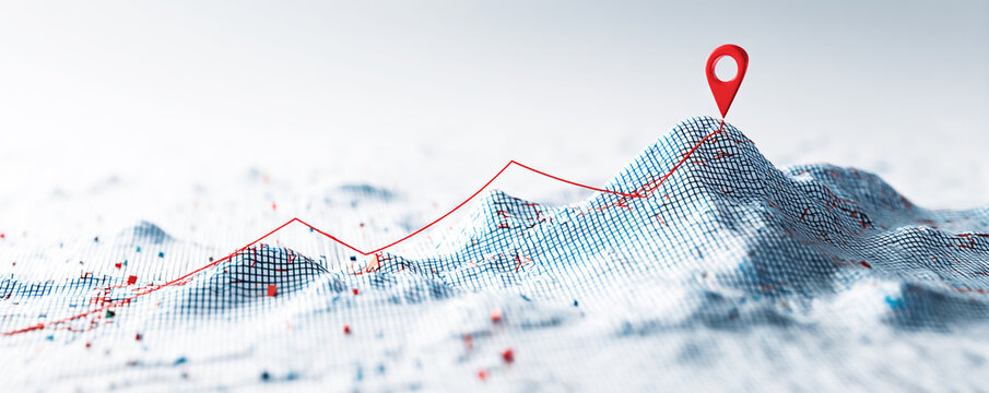 A graph with an upward trend on a white background, a red line going up in a blue mesh style,