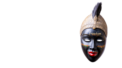 Cultural mask with the word freedom in vibrant colors on display