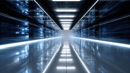 Obraz premium Futuristic corridor with neon lights reflecting a digital connection. The image creates a sense of technological advancement and innovation.