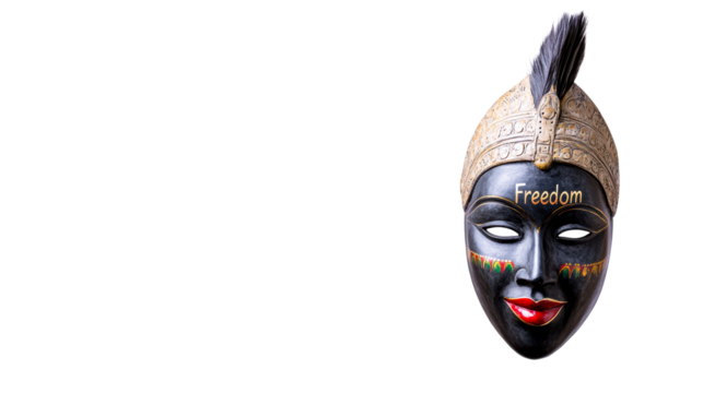 Cultural mask with the word freedom in vibrant colors on display