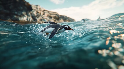 Penguin gliding smoothly with wings stretched wide high resolution picture
