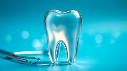 A glass tooth on a blue bokeh background symbolizes cleanliness and professional care. Elegant visualization of the dentistry theme. Ideal for medical advertising and branding.