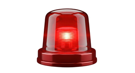 Bright red flashing emergency beacon light with a clear plastic dome and illuminated led bulb isolated on transparent background