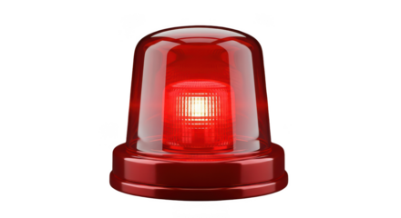 Bright red flashing emergency beacon light with a clear plastic dome and illuminated led bulb isolated on transparent background