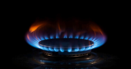 Natural Gas. High prices of natural gas. Blue flames of gas burning from a kitchen gas stove. Energy crisis concept background. Cooker with burning fire propane.