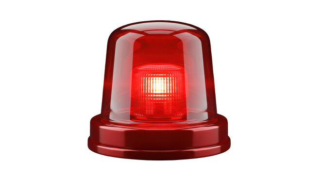 Bright red flashing emergency beacon light with a clear plastic dome and illuminated led bulb isolated on transparent background