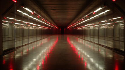 Infinite mirror corridor with ominous red warning lights flashing at the vanishing point.