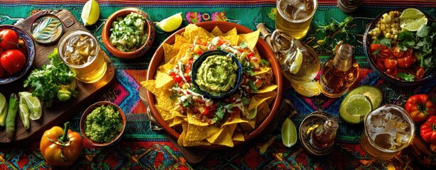 Fototapeta premium Colorful Mexican fiesta spread of nachos, guacamole, and sides
