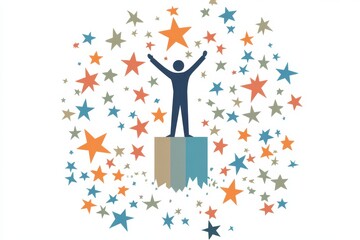 Person Celebrating Success Surrounded by Colorful Stars and Sparkles