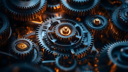 Intricate metallic gears interlock, revealing a complex mechanical system with gold accents, symbolizing precision enginee and industrial automation, showcasing connection.