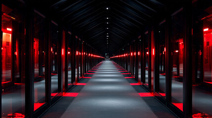 Infinite mirror corridor with ominous red warning lights flashing at the vanishing point.