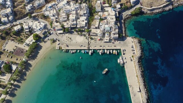 Aegiali village port on Amorgos island, Revealing drone shot