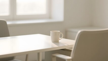 Minimalist Office Setup with White Table, Chairs, and Coffee Mug Near a Window