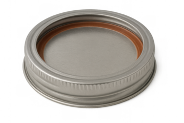Metal lid with vibrant orange seal, highlighting food preservation, positioned against clean transparent backdrop