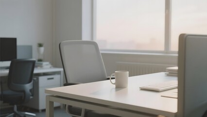 Modern Office Desk with Chair, Mug, and Notebook by Window