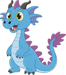 Cute cartoon dragon character in blue and purple, fantasy animal, smiling creature, vector illustration, children design, magical story art